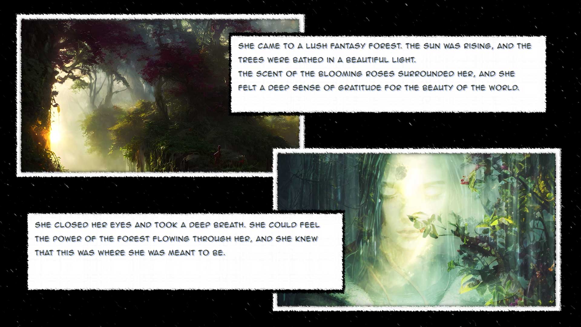 She came to a lush fantasy forest. The sun was rising, and the trees were bathed in a beautiful light.
The scent of the blooming roses surrounded her, and she felt a deep sense of gratitude for the beauty of the world.

She closed her eyes and took a deep breath. 
She could feel the power of the forest flowing through her, and she knew that this was where she was meant to be.